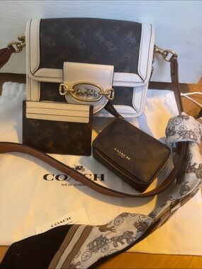 Coach Hero Mini Truffle Crossbody Bag, Coin Pouch, Card Holder, Scarf EUC Chalk
